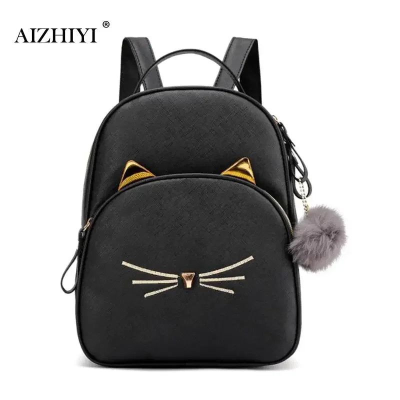 Travel Backpack Women Rucksack Teenagers 2023 Student School Bags for Girls Cartoon Cat PU Leather Satchel Black Shoulder Bag