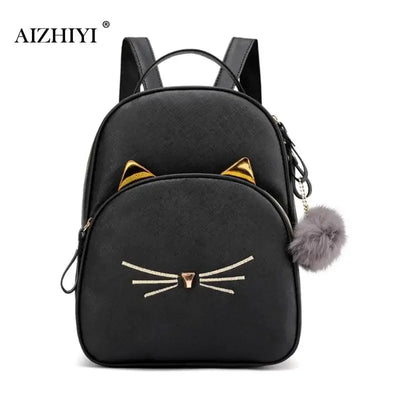 Travel Backpack Women Rucksack Teenagers 2023 Student School Bags for Girls Cartoon Cat PU Leather Satchel Black Shoulder Bag