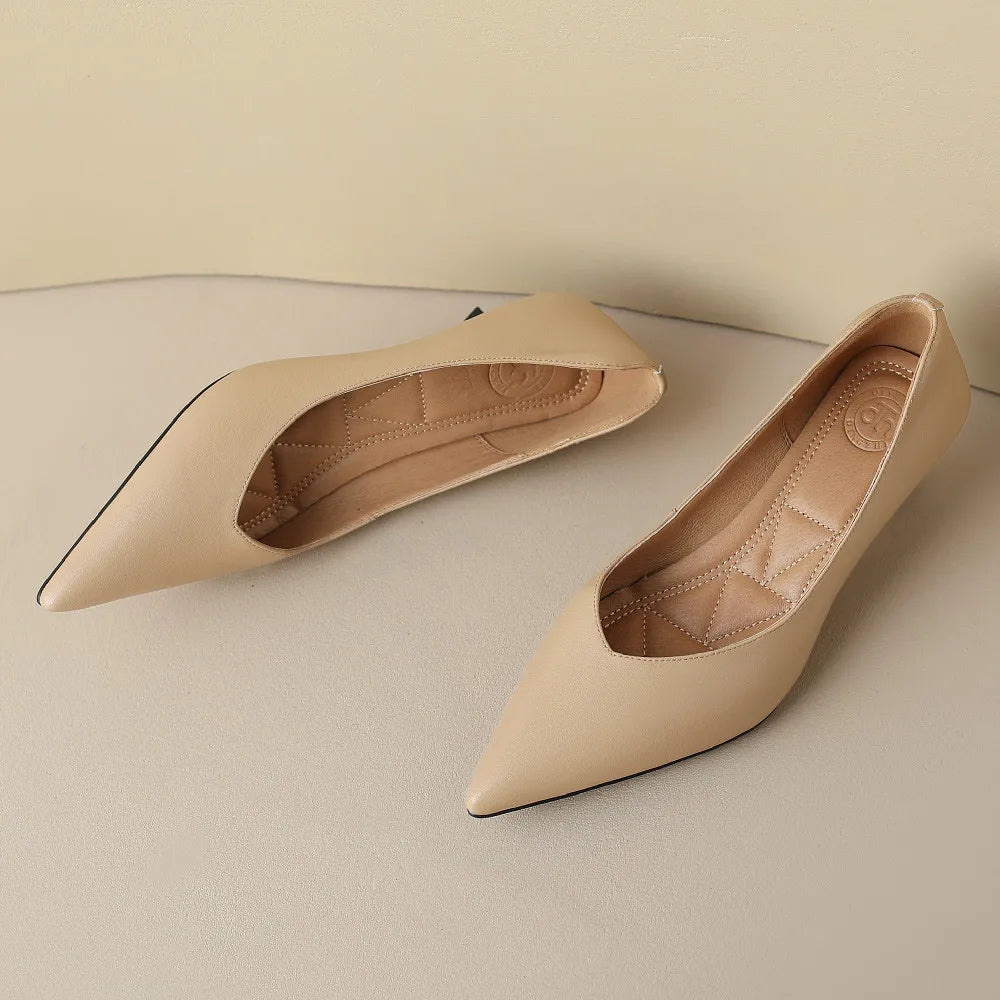 plus size 34-42 women's genuine leather 4.5cm kitten heel pointed toe slip-on pumps elegant ladies low heeled shoes