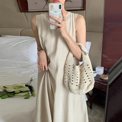 Hebe Style French Sleeveless Hollow out Vest Unique Elegant Black Summer Long Dress Women Backless Dress round Neck Ankle-length