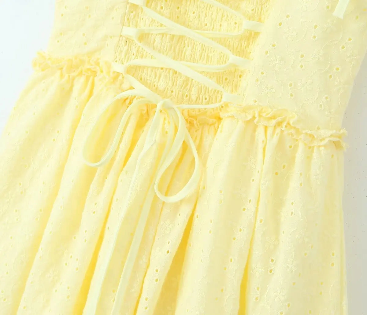 2024 Sexy Yellow Hollow out Embroidery Lace Cotton Corset Style Bow Sling Dress Women Low Waist Ball Gown Swing Mini Party Robe