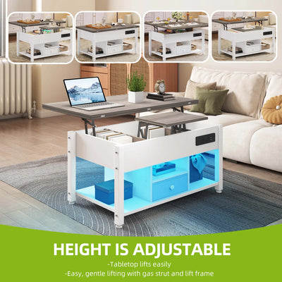 White & Grey 4-in-1 Coffee Table - Adjustable Height, Converts to Dining Table with Storage & LED Lighting