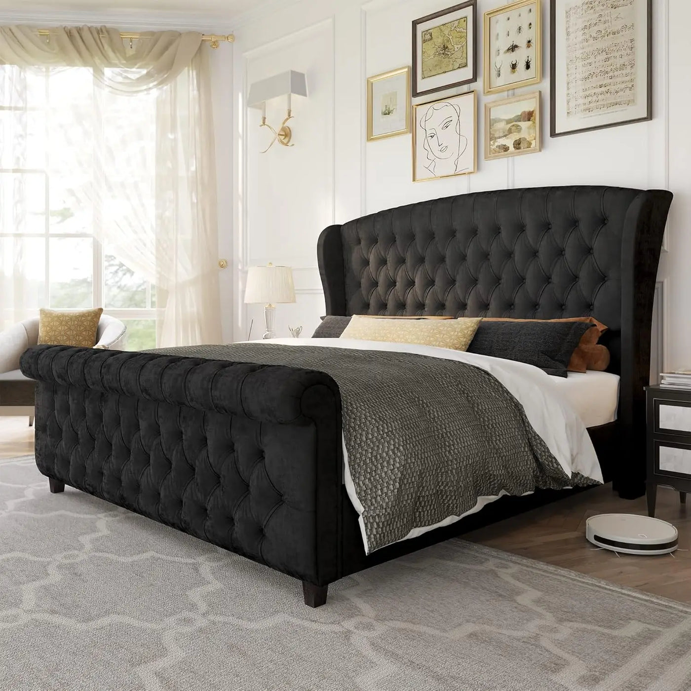 Queen Size Platform Bed Frame, Velvet Upholstered Sleigh Bed with Scroll Wingback Headboard Footboard/Button TuftedBlack