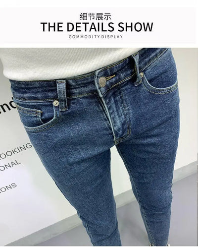 New Men's Slim Denim Jeans Casual Spring and Autumn Stretchy Skinny Pants Korean Style Trendy Cowboy Hip Hop Cropped Trousers