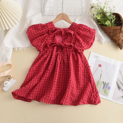 Summer Rose Pink Plaid Bow Dress Elegant Lolita Child Girls Dress Children Dresses Teens Party Princess Sundress Kids Clothes
