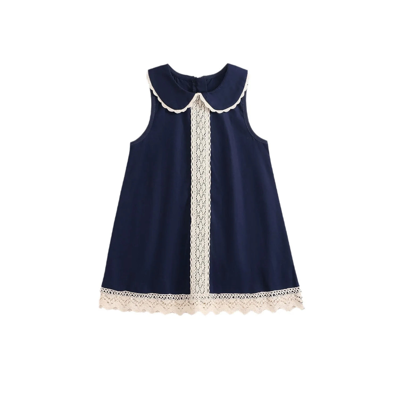 2025 Summer Toddler Girl Dress Cotton Turn Down Collar Kid Baby Girl Sling Dress Retro Loose Lace Patchwork Little Girl Sundress