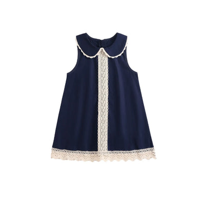 2025 Summer Toddler Girl Dress Cotton Turn Down Collar Kid Baby Girl Sling Dress Retro Loose Lace Patchwork Little Girl Sundress