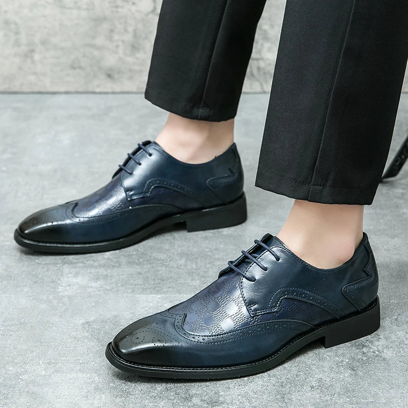 High End Brand Interview Office Business Shoes British Style Blue Brogue Shoes Massage Soles Men's Wedding Square Toe Shoes