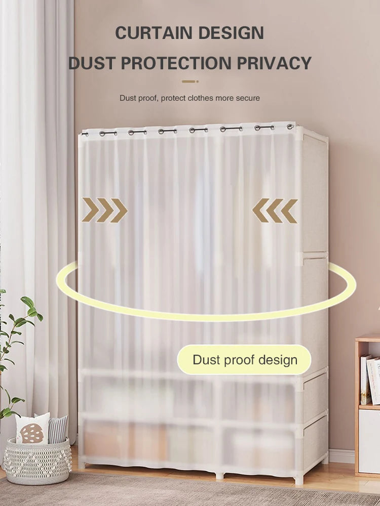 2024 New Wardrobe Household Bedroom Assembly Dustproof Wardrobe Rental Room With Drawer Storage Folding Simple Clothes Organizer