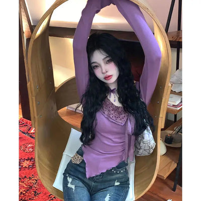 2025 Autumn New Long Sleeve Bottoming T-Shirts Women Elegant Sweet Y2k Aesthetic Tshirts Korean Irregular Chic Bow Tees Femme