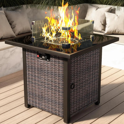 Propane Outdoor Fire Pit Table, 28" Rattan Square Fire Pit Table, Outdoor Gas FirePit W/Glass Wind Guard