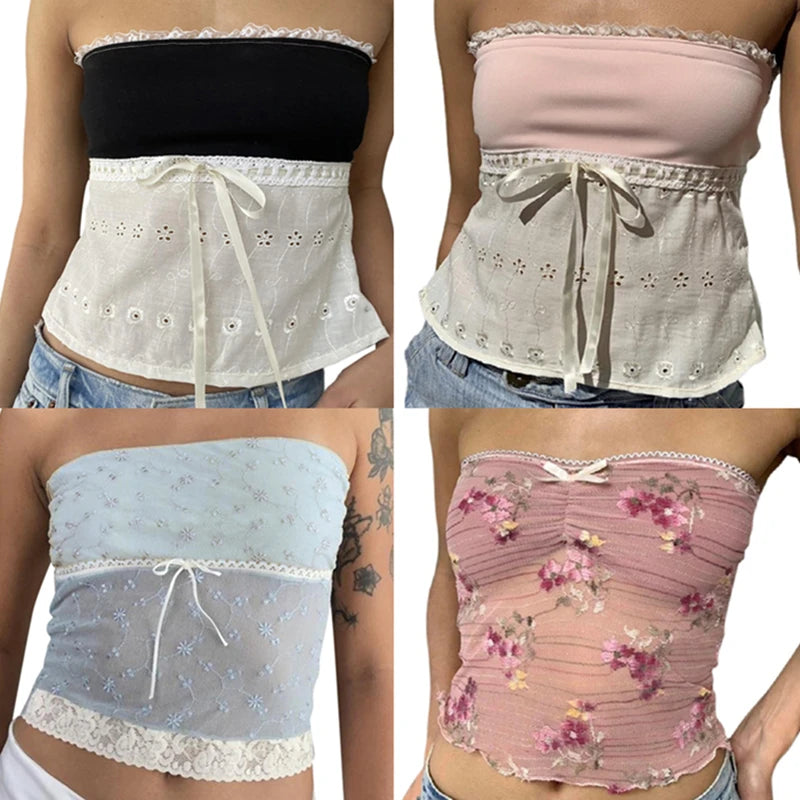 Xingqing y2k Off Shoulder Top Women Fairy Grunge Clothes Summer Sleeveless Lace Trim Patchwork Strapless Tshirt 2000s Streetwear