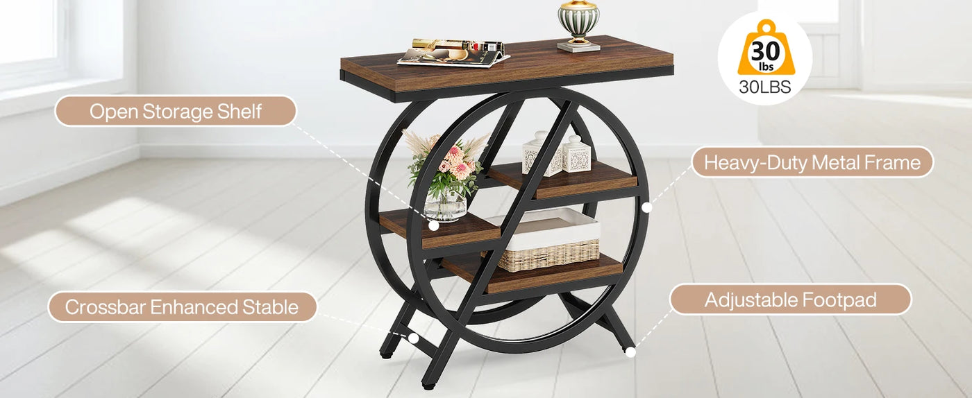 End Table for Living Room, 3-Tier Narrow Side Table with Storage, Wood Sofa Side Table with Geometric Metal Frame for Bedroom
