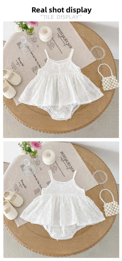 White Embroidered Suspender Bag for Baby Girl, Summer Baby Jumpsuit, Sleeveless Newborn Full Moon Princess Dress