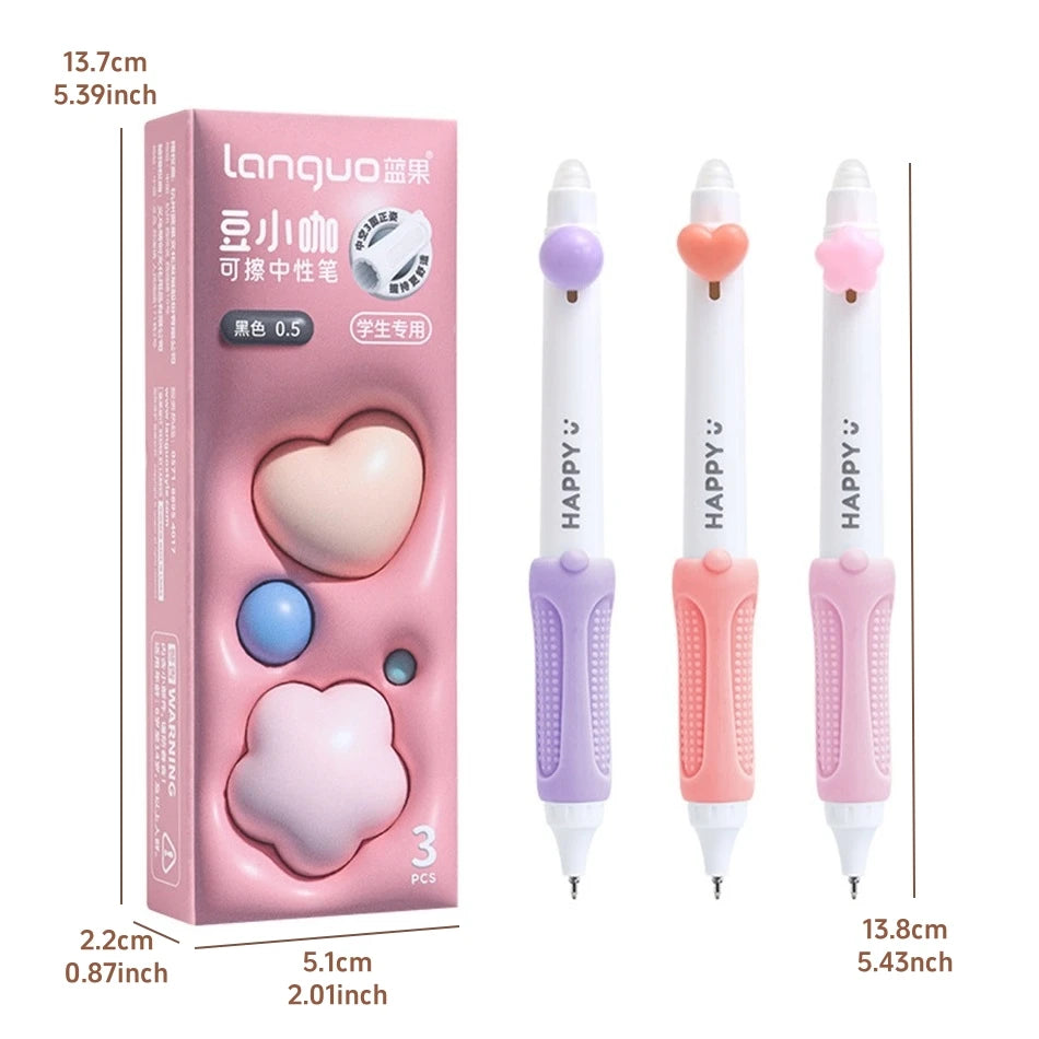 3pcs Happy Beans Gel Pens Set Ergonomical Triangle Grip Erasable Black Color Ink 0.5mm Ballpoint for Writing School A7682