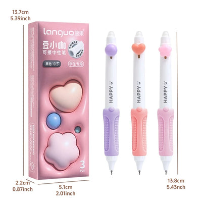 3pcs Happy Beans Gel Pens Set Ergonomical Triangle Grip Erasable Black Color Ink 0.5mm Ballpoint for Writing School A7682