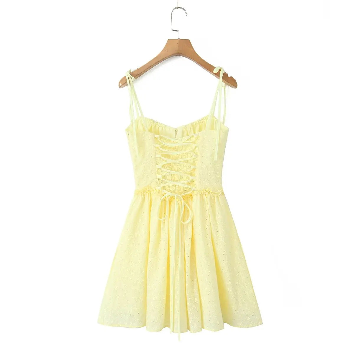 2024 Sexy Yellow Hollow out Embroidery Lace Cotton Corset Style Bow Sling Dress Women Low Waist Ball Gown Swing Mini Party Robe