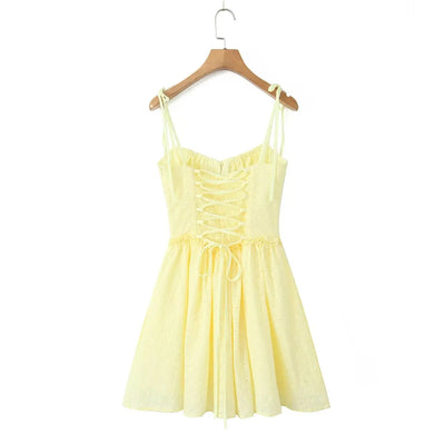 2024 Sexy Yellow Hollow out Embroidery Lace Cotton Corset Style Bow Sling Dress Women Low Waist Ball Gown Swing Mini Party Robe