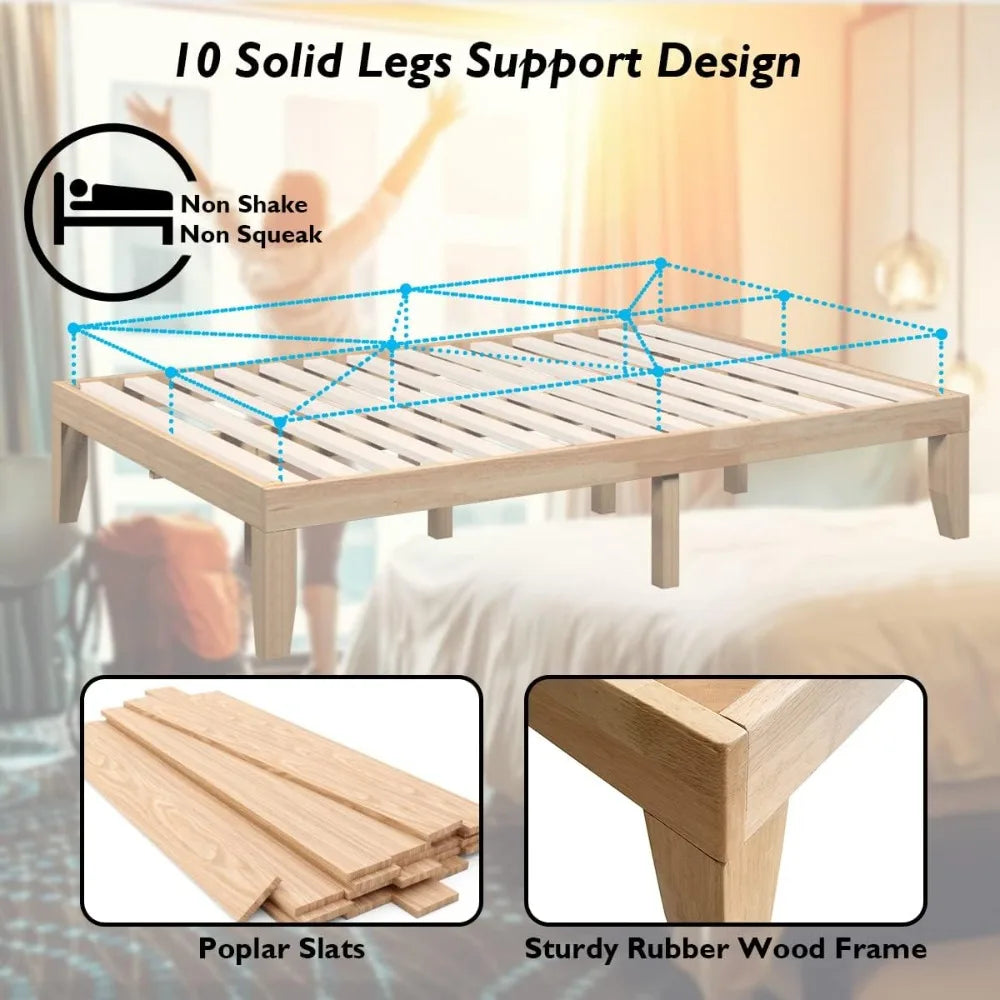 14 Inch Wood Platform Bed Frame,Minimalist Mattress Foundation with Solid Rubber Wood,Heavy Duty Slat Support, Without Headboard