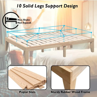 14 Inch Wood Platform Bed Frame,Minimalist Mattress Foundation with Solid Rubber Wood,Heavy Duty Slat Support, Without Headboard