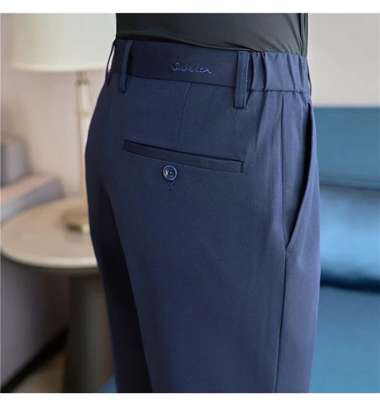 High End Elastic Waistband Suit Pants for Men Embroidered Business Casual Pants Solid Colror Versatile Social Office Trousers