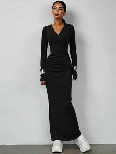Hugcitar Solid Hoodies V Neck Long Sleeve Draped Sexy Slim Maxi Dress 2023 Winter Women Fashion Y2K Outfits Streetwear Party
