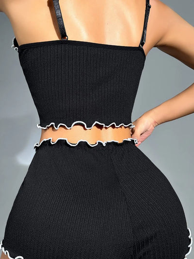 2 Piece Pajamas Set for Women Sexy Sling Top and Elastic Waist Shorts Sets Stylish Bowknot Rib Sleepwear Lounge Set Black XL