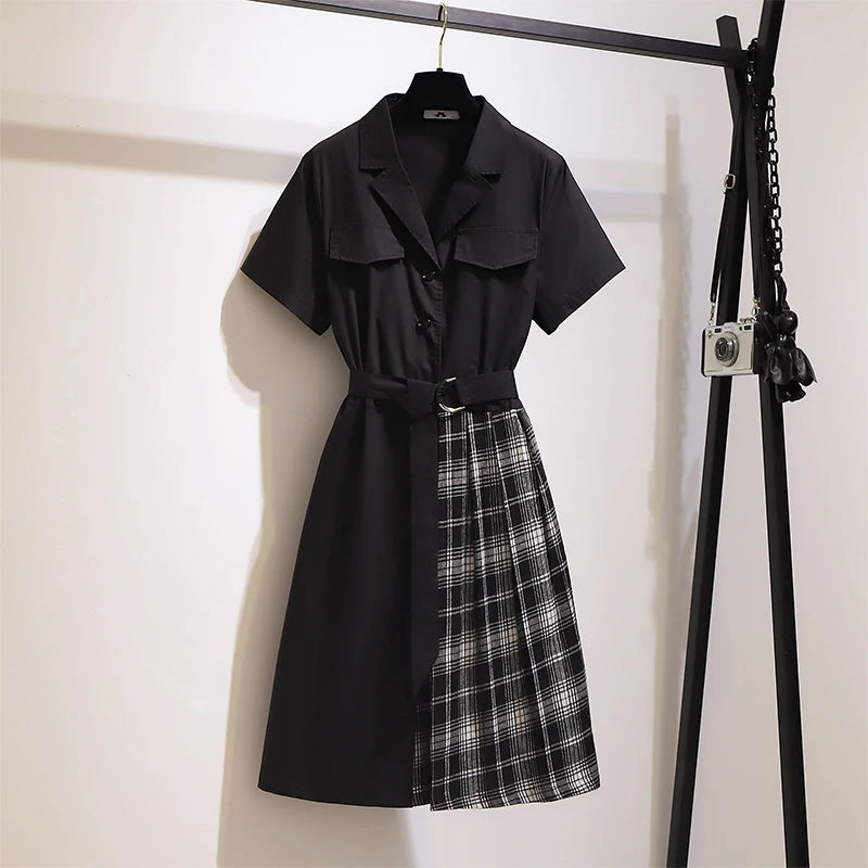 Summer Plus Size Women's Casual Dress Loose Comfortable Splicing Design Mid-length Dress 2025 New Women's Clothing Office Dress