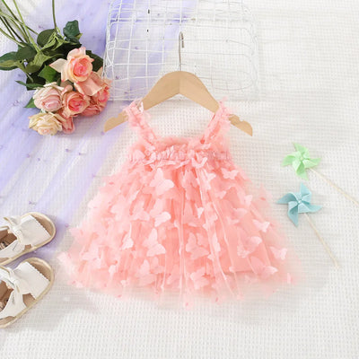 (0-3 Years) Summer New Baby Girls Dress Solid Color Halter Butterfly Embellished A-Line Skirt Mesh Sweet Princess Dress