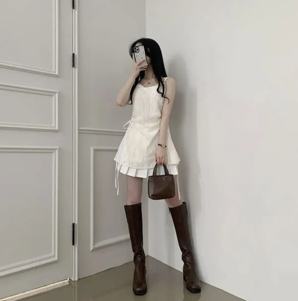 Hot Girl Korean Style Drawstring Lace-up Waist Lace Short Suspender Dresses + White Inner Wear Bottoming Sling Top Two-piece Set
