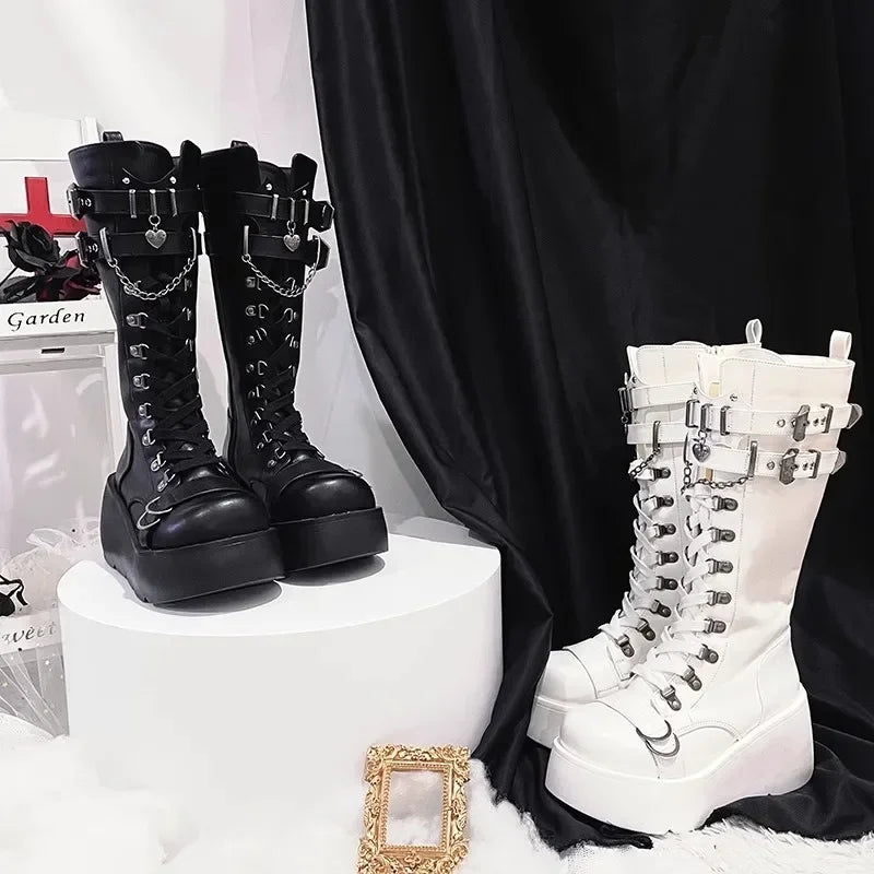 Metal Buckle Chunky Platform Punk Boots Women 2024 Winter Gothic Thick Bottom Knee High Boots Woman Black Wedges Cosplay Shoes