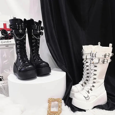 Metal Buckle Chunky Platform Punk Boots Women 2024 Winter Gothic Thick Bottom Knee High Boots Woman Black Wedges Cosplay Shoes