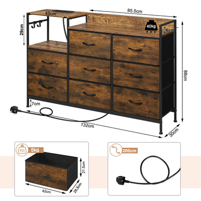 Chest of Drawers with 8 Fabric Drawer Sideboard Storage Cabinet for Kitchen Office with Charging Sockets Steel Frame 132x88x30cm