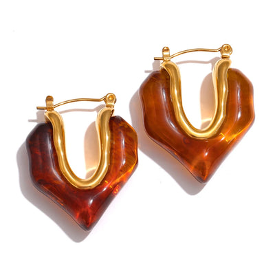 Yhpup Fashion Amber Resin Geometry Hoop Earrings Trendy Stainless Steel 18K PVD Plated Jewelry Accessories Gift