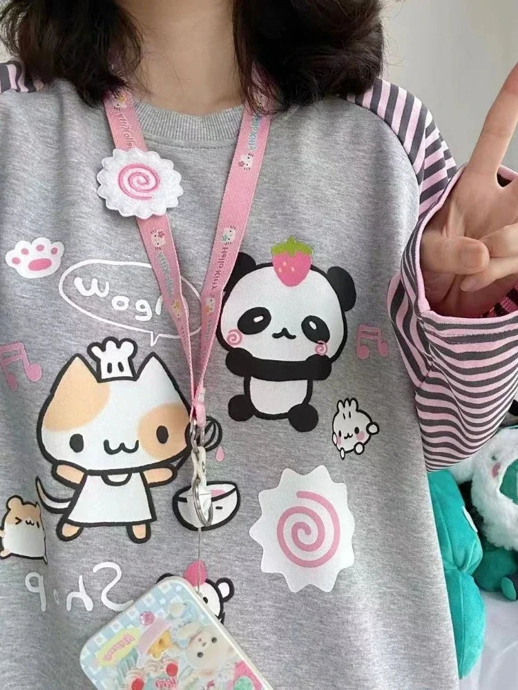 Y2k Harajuku Kawaii Striped Hoodie Women Japanese Fashion Patchwork Cartoon Print Sweatshirt Female Autumn 2023 New In