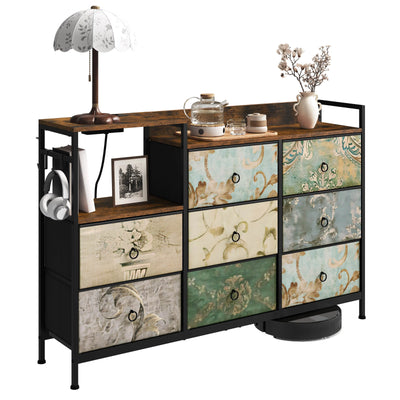 Chest of Drawers with 8 Fabric Drawer Sideboard Storage Cabinet for Kitchen Office with Charging Sockets Steel Frame 132x88x30cm