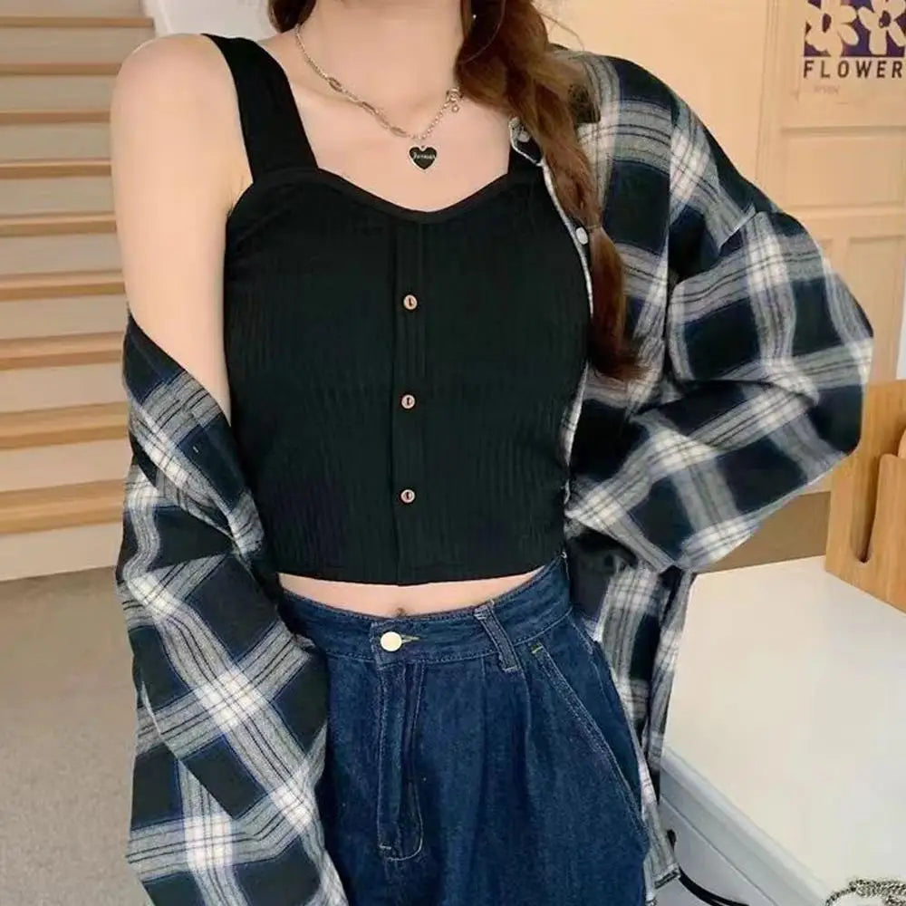 Women's Ribbed Tank Tops Y2K Cropped Tops with Bra Pads Knitted Button Down Suspenders Vest Sexy Camisole Female Short Tops