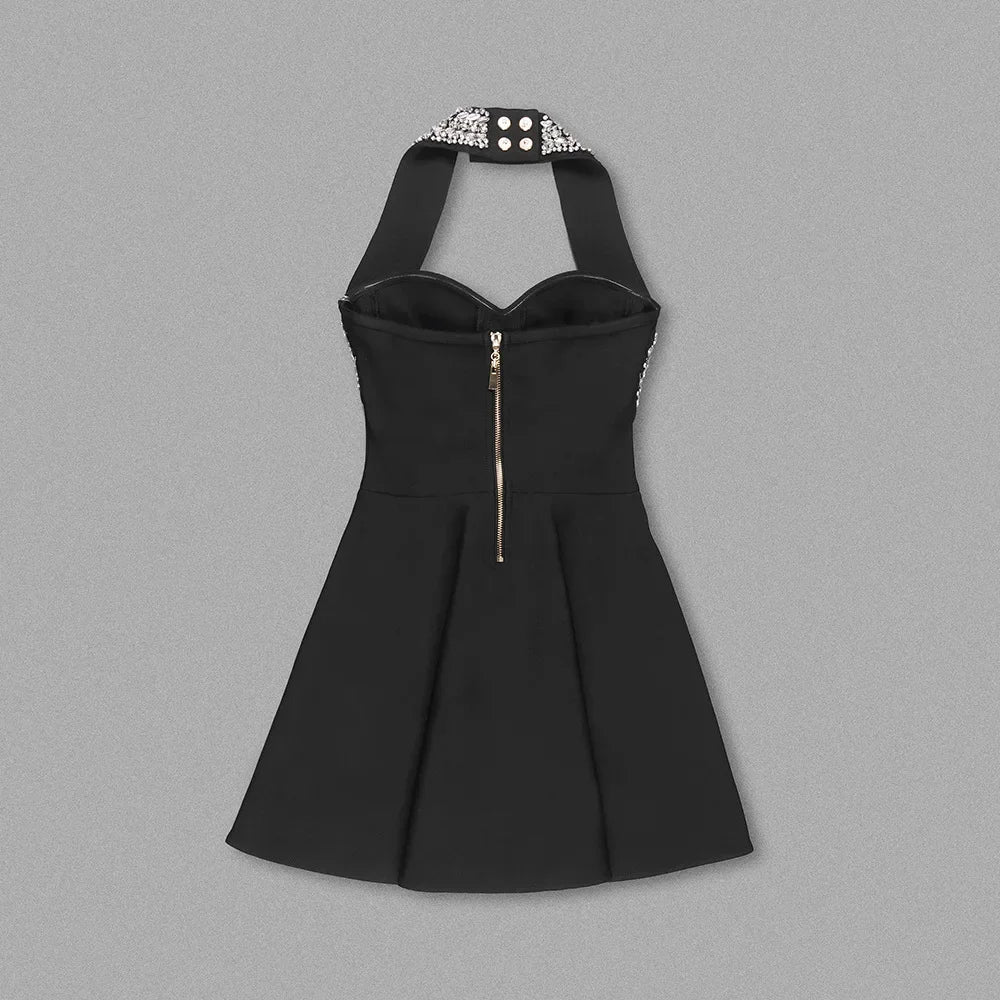 Black Rose Knitted Bandage Dress Women Summer Fashion Diamonds Halter Single Breasted A Line Mini Dress Celebrity Evening Party