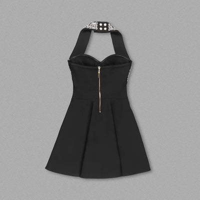 Black Rose Knitted Bandage Dress Women Summer Fashion Diamonds Halter Single Breasted A Line Mini Dress Celebrity Evening Party