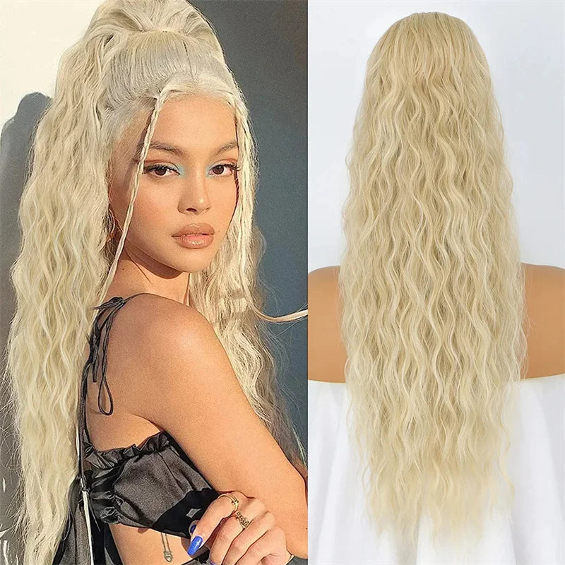 Curly Wavy Drawstring Ponytail Extension Long Clip In Ponytail Hair Extensions for Black Women Blonde Synthetic Fake Hairpieces
