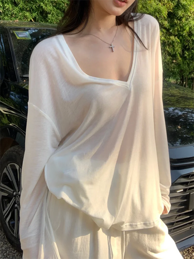 Women Oversized T Shirt Spring Summer V-neck Casual Fashion Loose Thin Long Sleeve Top Pullovers Chic White See Through T-shirt