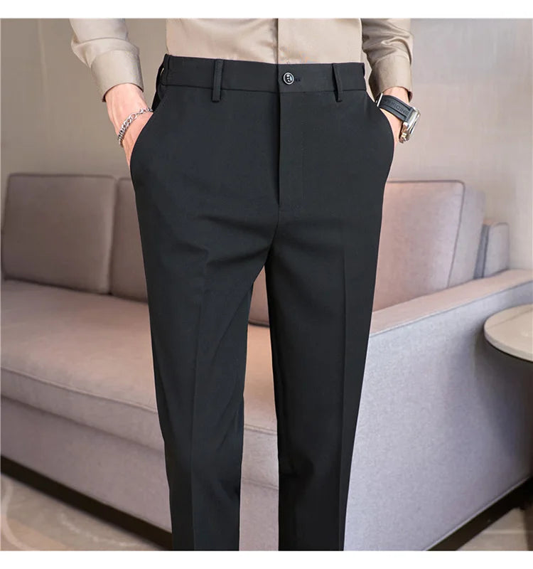 High End Elastic Waistband Suit Pants for Men Embroidered Business Casual Pants Solid Colror Versatile Social Office Trousers