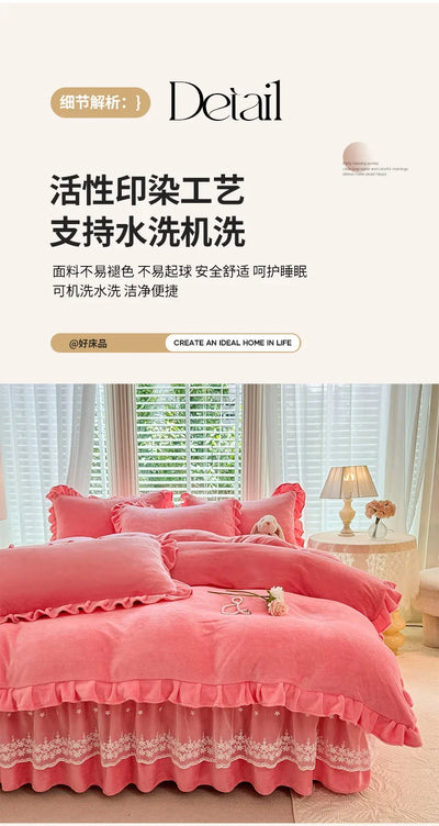 2024 hot solid color Korean version lace bed skirt kit flannel quilt cover thickened warm four-piece set