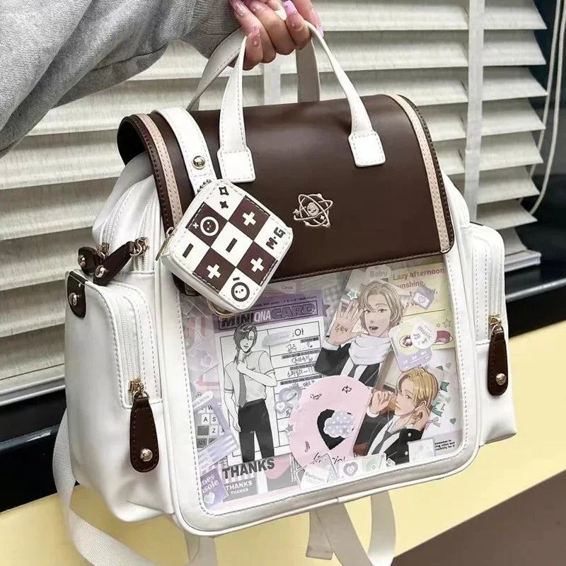 Y2K Cute Vintage Aesthetic Ita Backpack Women Large Capacity PU Student Knapsack JK Girl Transparent Bag Fashion Preppy Rucksack