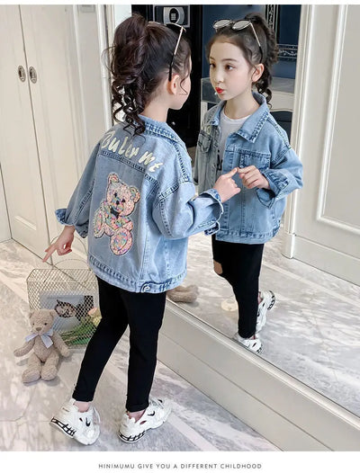3 4 6 8 10 12 Years Teen Girls Denim Jacket Spring New Fashion Bear Sequin Cowboy Coats For Girls Children Outwear Birthday Gift