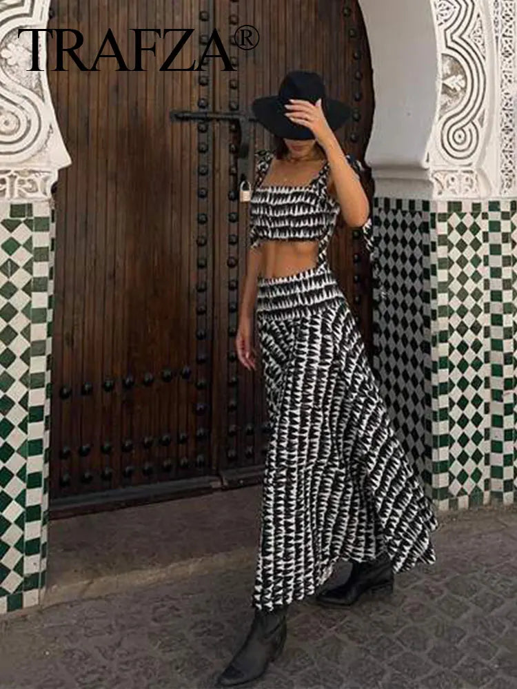 Women Fashion Print Skirts Suit Sexy Backless Sleeveless Slim Corset Crop Top Side Zipper Midi Skirt Y2K Streetwear Sets