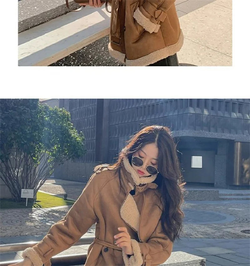 2024 Autumn Winter New Medium Long Double-breasted Lambswool Suede Woolen Coat Women Add Velvet Padded Warm Fur One Woolen Coats