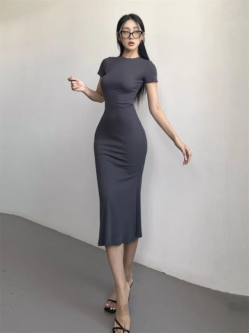 Women's Sexy Slim Fishtail Dresses Temperament Long Dress Short-sleeved Pure Desire To Show Figure Tight Beautiful Hip Skirt