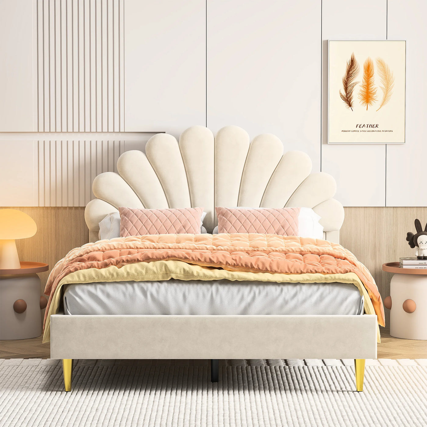 Double bed 140x200 cm, upholstered bed with flower-shaped headboard and slatted frame, stable bed frame, children's bed