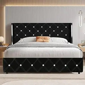 Queen Bed Frame with Headboard, Velvet Upholstered Bed with Wingback and Diamond Tufted Design, Wood Slat Support, No Box